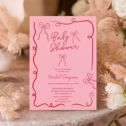 Red pink bows ribbon illustrations Baby shower Invitation