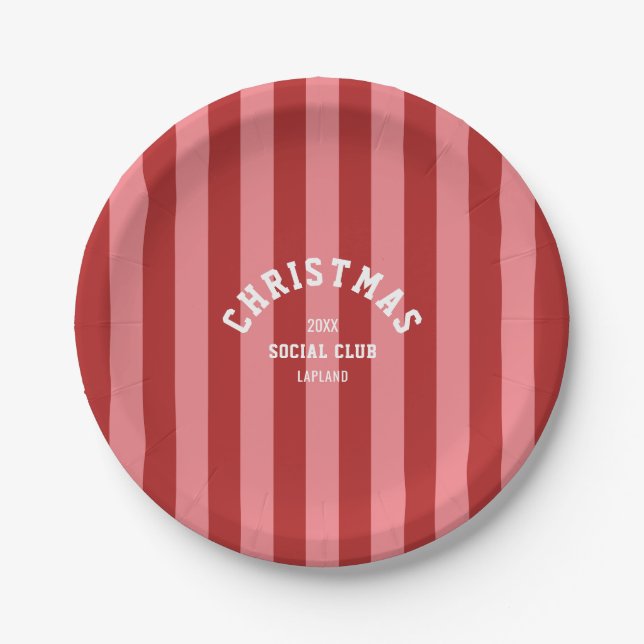  Red Pink Candy Stripe Christmas Social Club Paper Plates (Front)
