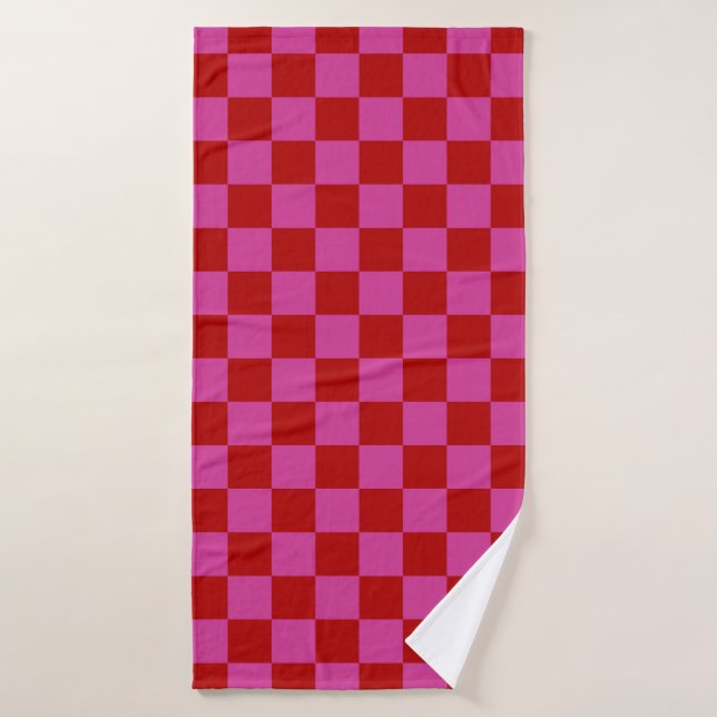Red + Pink Check Checkered Checkerboard Pattern Bath Towel (Bath Towel)