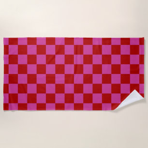 Red + Pink Check Checkered Checkerboard Pattern Beach Towel