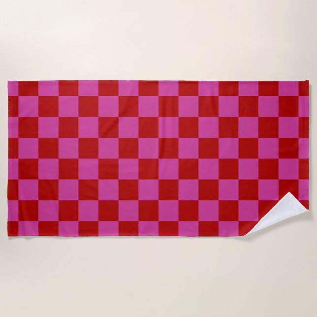 Red + Pink Check Checkered Checkerboard Pattern Beach Towel (Front)