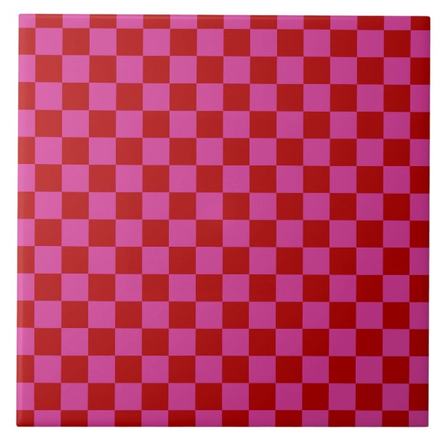 Red + Pink Check Checkered Checkerboard Pattern Ceramic Tile (Front)