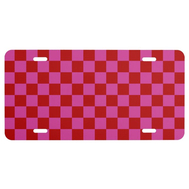 Red + Pink Check Checkered Checkerboard Pattern License Plate (Front)