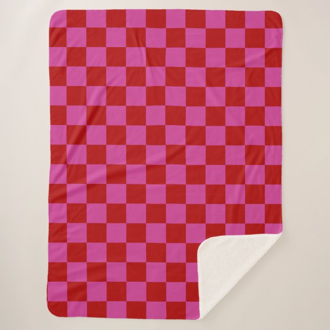 Red + Pink Check Checkered Checkerboard Pattern Sherpa Blanket (Front)