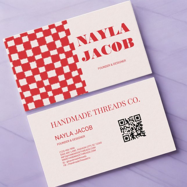 Red Pink Checkerboard Pattern QR Code Handmade Business Card (Creator Uploaded)