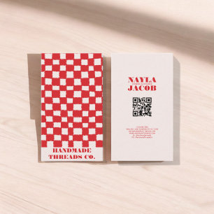 Red Pink Checkerboard Pattern QR Code Handmade Business Card