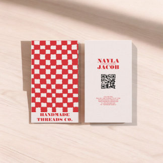Red Pink Checkerboard Pattern QR Code Handmade Business Card