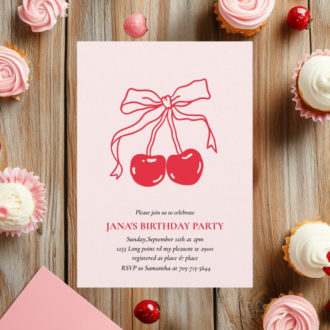  Red & Pink Cherry Birthday Party Invitation (Creator Uploaded)