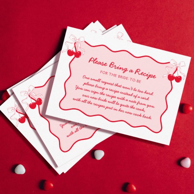 Red Pink Cherry Bow Bridal Shower Recipe Request Enclosure Card (Creator Uploaded)