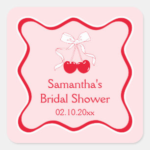 Red Pink Cherry On Top Bow Bridal Shower Favor Square Sticker