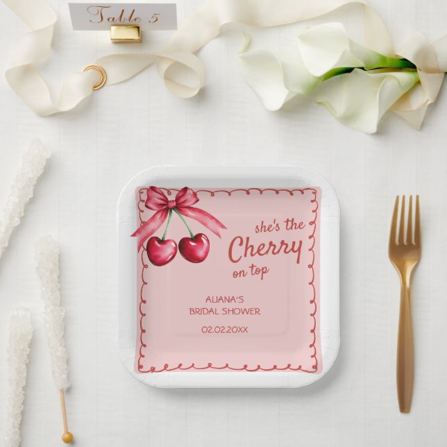 Red & Pink Cherry On Top Cherry Bridal Shower Paper Plates (Wedding)