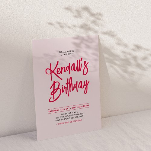 Red  Pink Chic Lettering Script Birthday Party Invitation