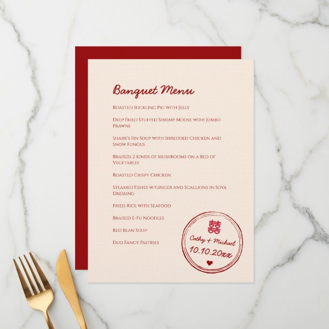 Red pink chinese wedding double happiness stamp menu (Front/Back In Situ)