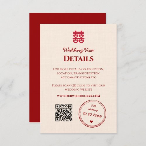 Red pink chinese wedding visa details enclosure card