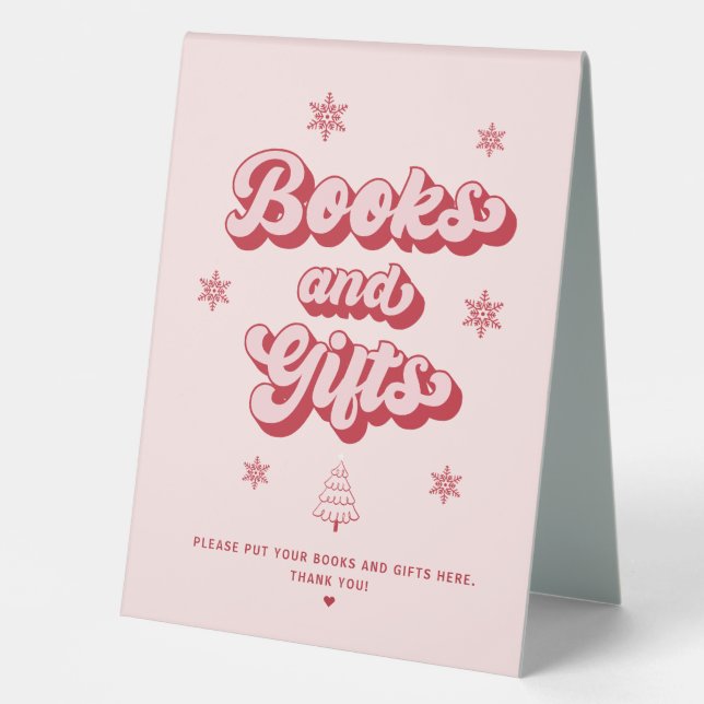 Red Pink Christmas Baby Shower Books and Gifts  Table Tent (Front)