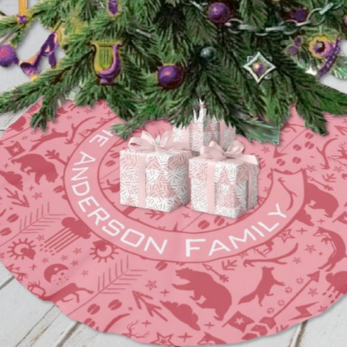 Red  Pink Christmas Family Name Fox Bear Reindeer Brushed Polyester Tree Skirt