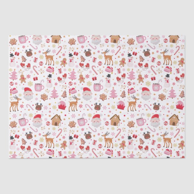 Red Pink Christmas Santa Claus Reindeer Wonderland Tissue Paper (Front)