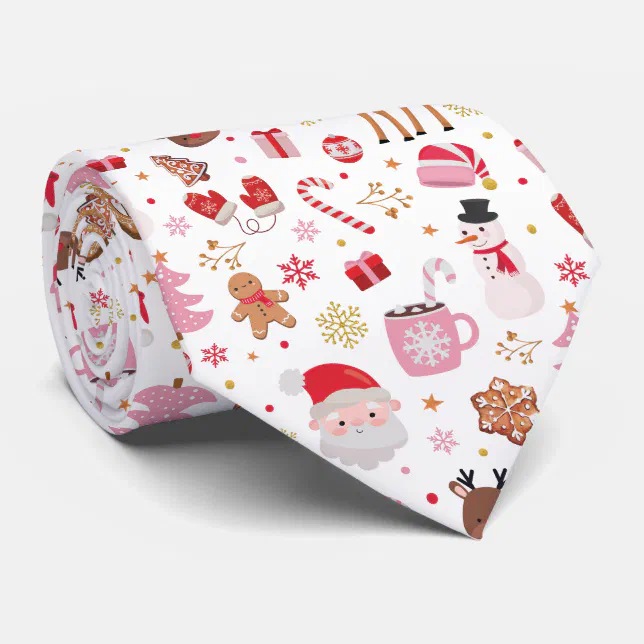 Red Pink Christmas Winter Wonderland Santa Claus Neck Tie (Rolled)