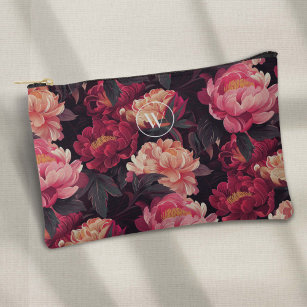 red pink colorful vintage flora pattern, monogram accessory pouch