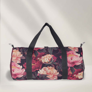 red pink colorful vintage florals pattern,monogram duffle bag