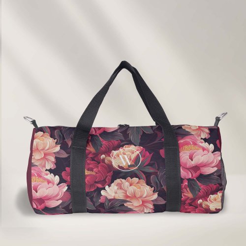 red pink colorful vintage florals patternmonogram duffle bag