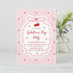Red Pink Coquette Cherry Bow Galentine's Day Party Invitation