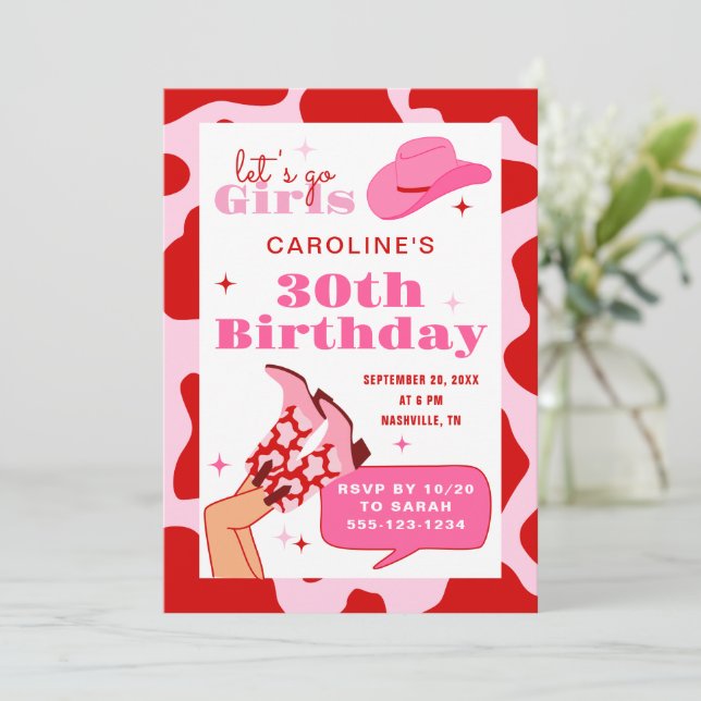 Red & Pink Cowgirl 30th Birthday Party Photo Invitation (Standing Front)