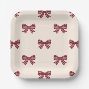 Red Pink Cream Bows Pattern Christmas Paper Plates
