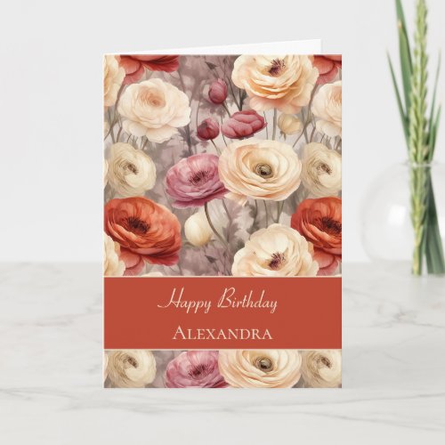 Red Pink Cream Flowers Birthday Card