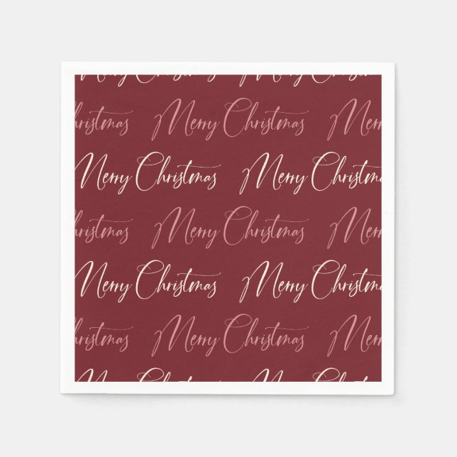 Red Pink Cream Script Pattern Merry Christmas  Napkins (Front)