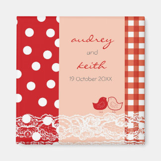 Red & Pink Cute Birds Scrapbook Lace Save The Date Magnet
