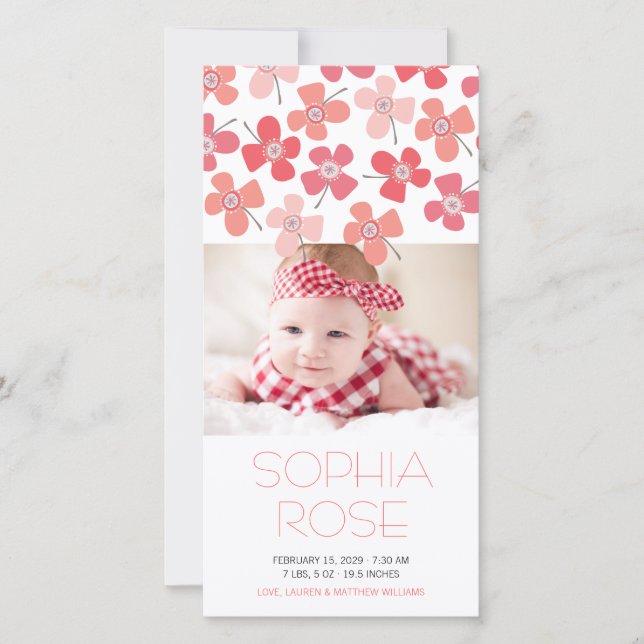 Red Pink Daisies Baby Girl Birth Announcement (Front)