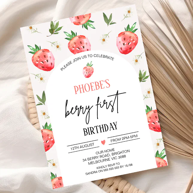 Red Pink Daisy Strawberry Berry First Birthday Invitation | Zazzle