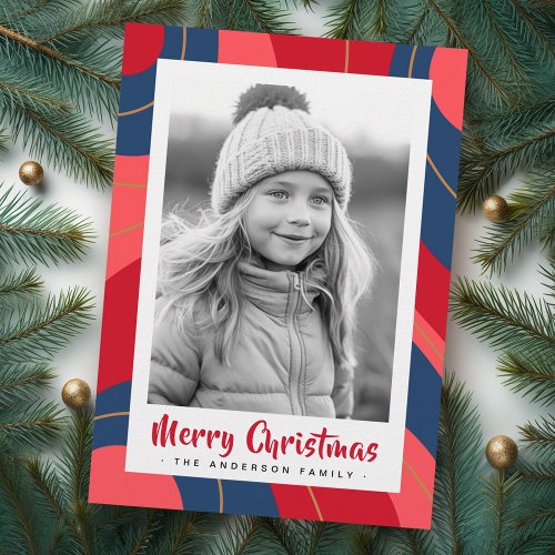 Red pink dark blue retro merry Christmas photo Holiday Card