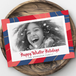 Red pink dark blue retro merry christmas photo holiday card