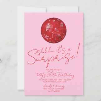Red pink disco ball surprise birthday party  invitation