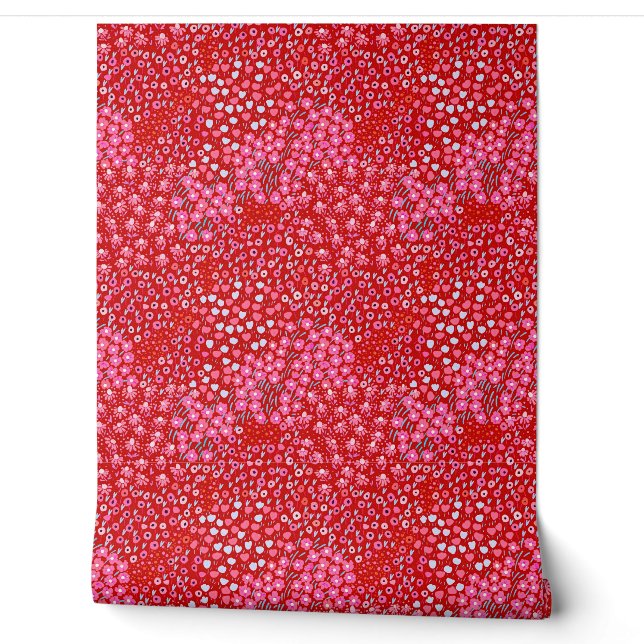 Red Pink Ditsy Floral Colorful Garden flowers Wallpaper (Unrolling)