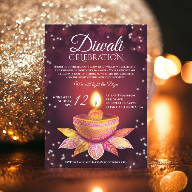 Red pink Diwali Lamps light illustration script Invitation (Red pink Diwali Lamps light illustration script Invitation)