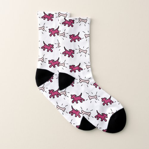 Red Pink Dogs Pink Bones Graffiti Style Socks