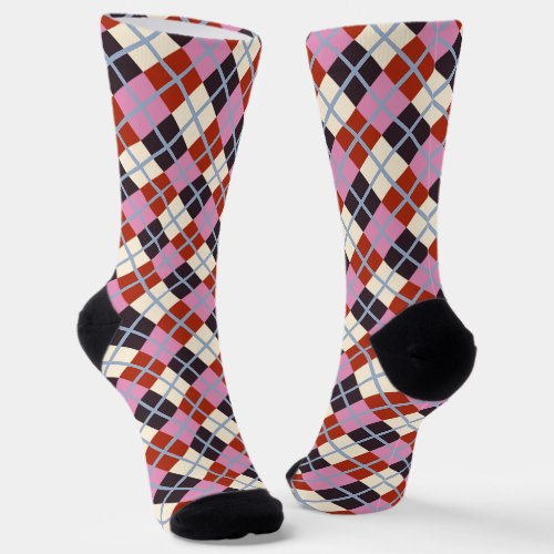 Red Pink Eggplant Ivory Pattern  Socks