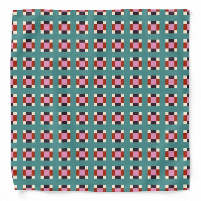 Red Pink Eggplant Ivory Teal Retro Plaid Bandana (Front)