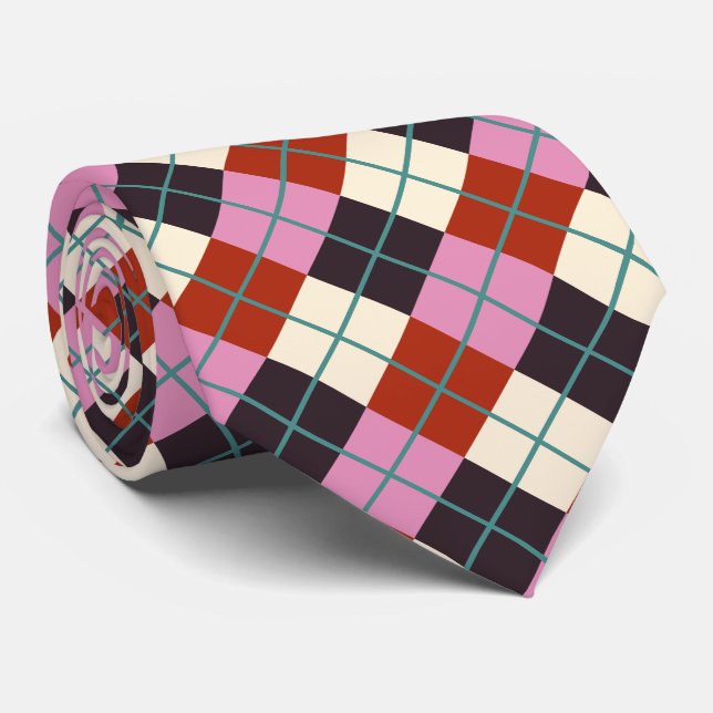 Red Pink Eggplant Ivory Teal Retro Plaid Neck Tie (Rolled)