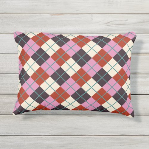 Red Pink Eggplant Ivory Teal Retro Plaid Outdoor Pillow