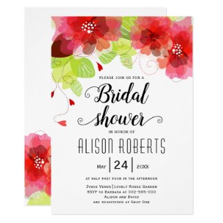 Red, pink ethereal flowers wedding bridal shower invitation