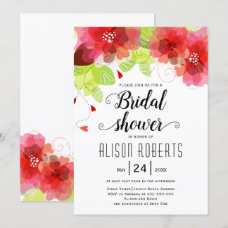 Red, pink ethereal flowers wedding bridal shower invitation