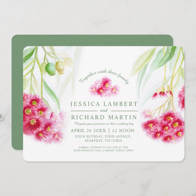 Red pink eucalyptus gumnut watercolor invitation (Front/Back)