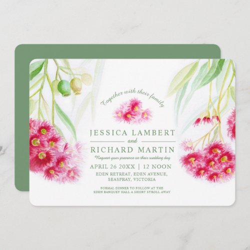 Red pink eucalyptus gumnut watercolor invitation