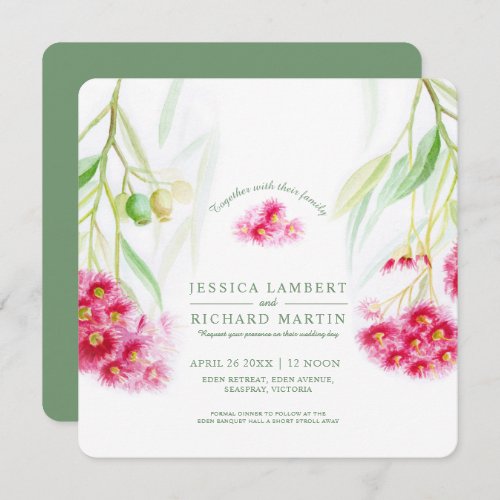 Red pink eucalyptus gumnut watercolor wedding invitation