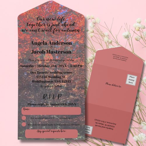 Red Pink Fall Leaves in Autumn Wedding  All In One All In One Invitation