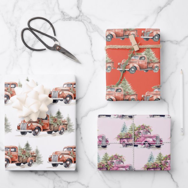 Red & Pink Farm Truck Christmas Holiday Wrapping Paper Sheets (Front)